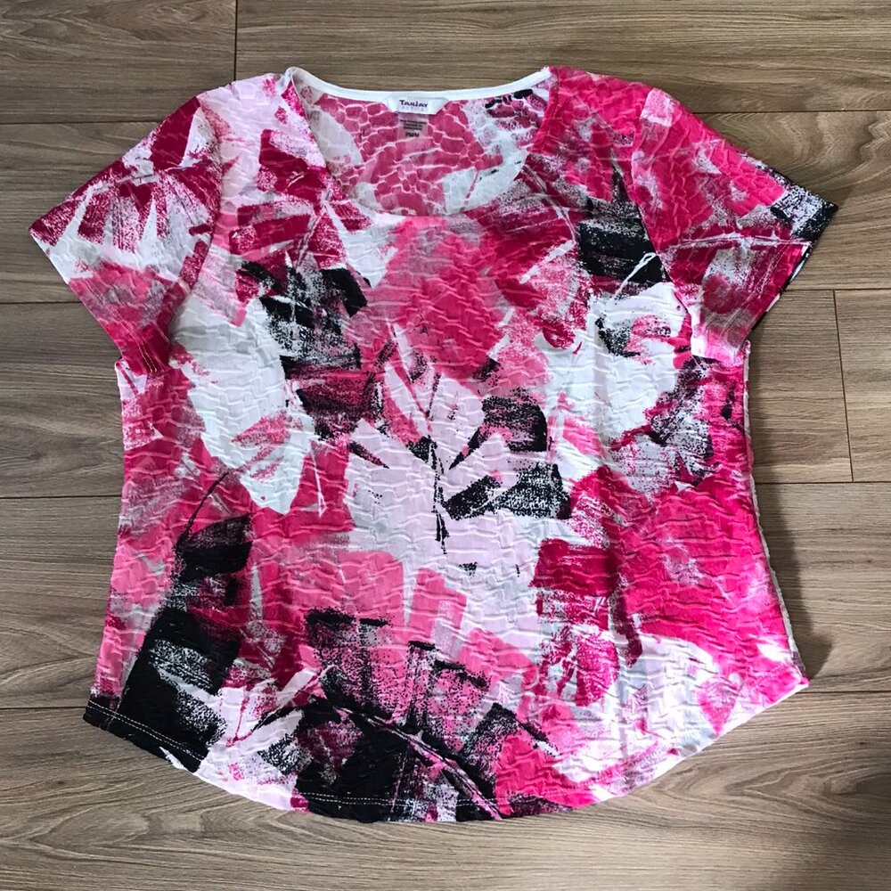 TanJay Petite Women's Abstract Print Short Sleeve Blouse Pink Black White Medium